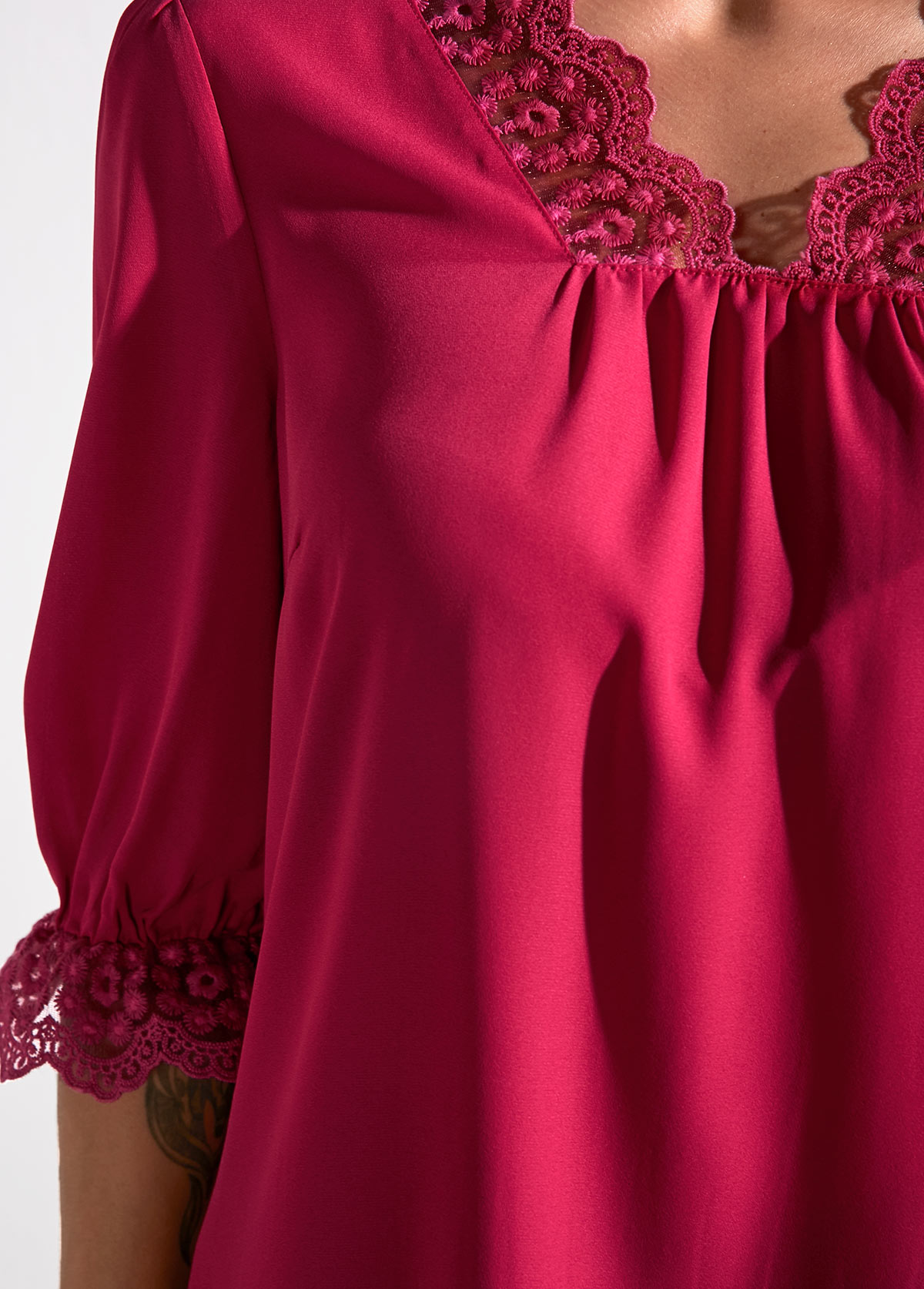 Hot Pink tops,Plain Color tops,ROTITA Lantern Sleeve Secret Garden Lace Panel Blouse