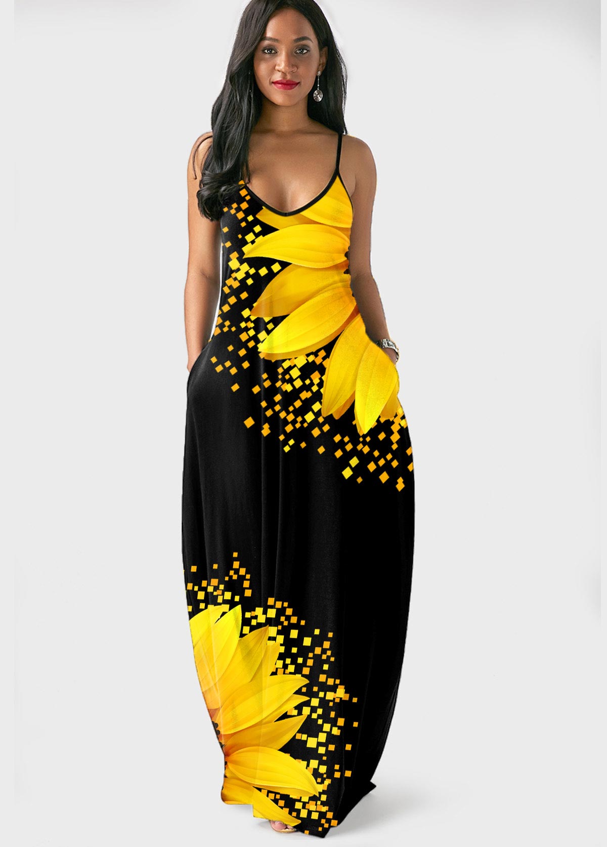 ROTITA Side Pocket Sunflower Print Spaghetti Strap Maxi Dress