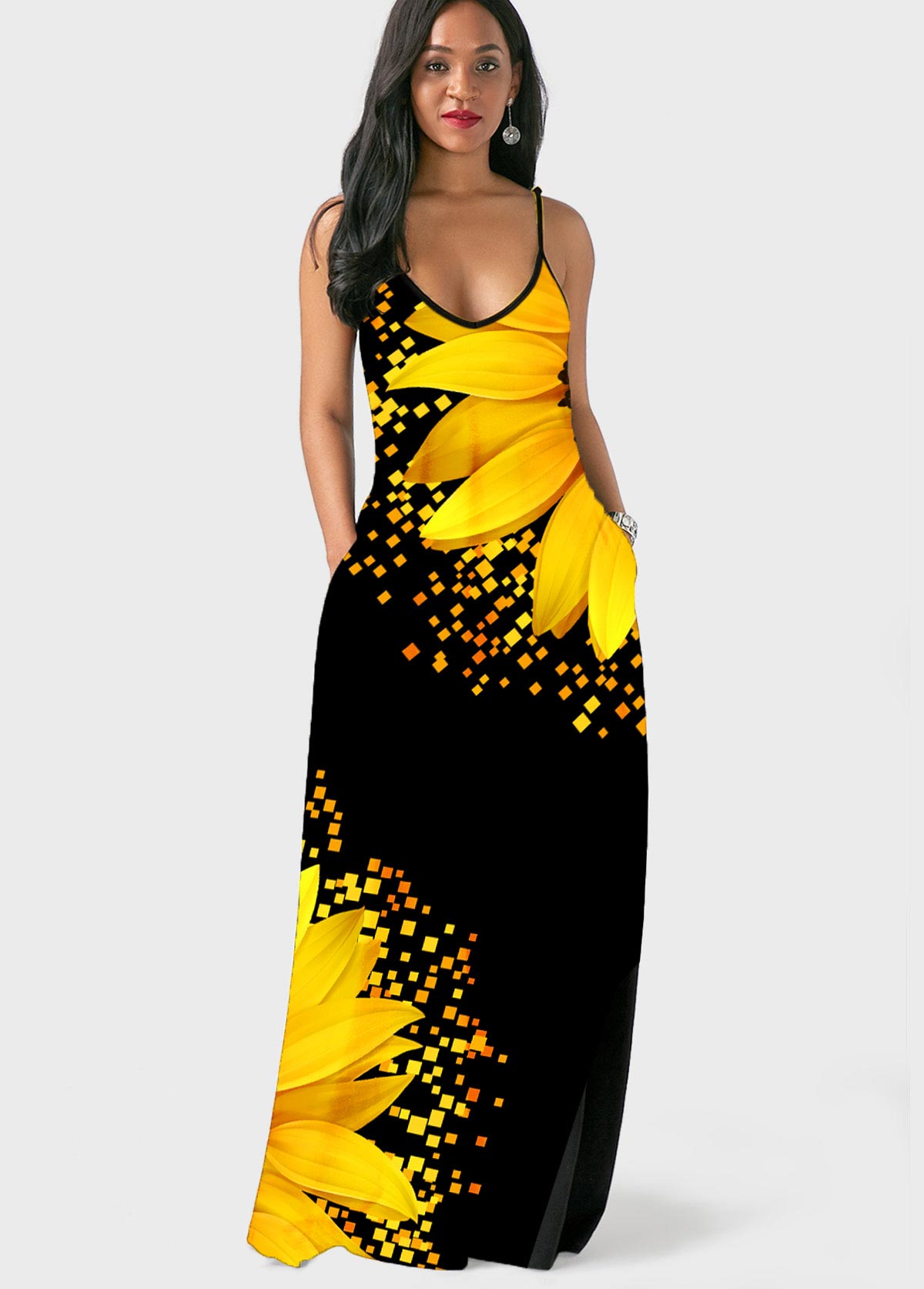 Black dresses,Floral dresses,ROTITA Side Pocket Sunflower Print Spaghetti Strap Maxi Dress