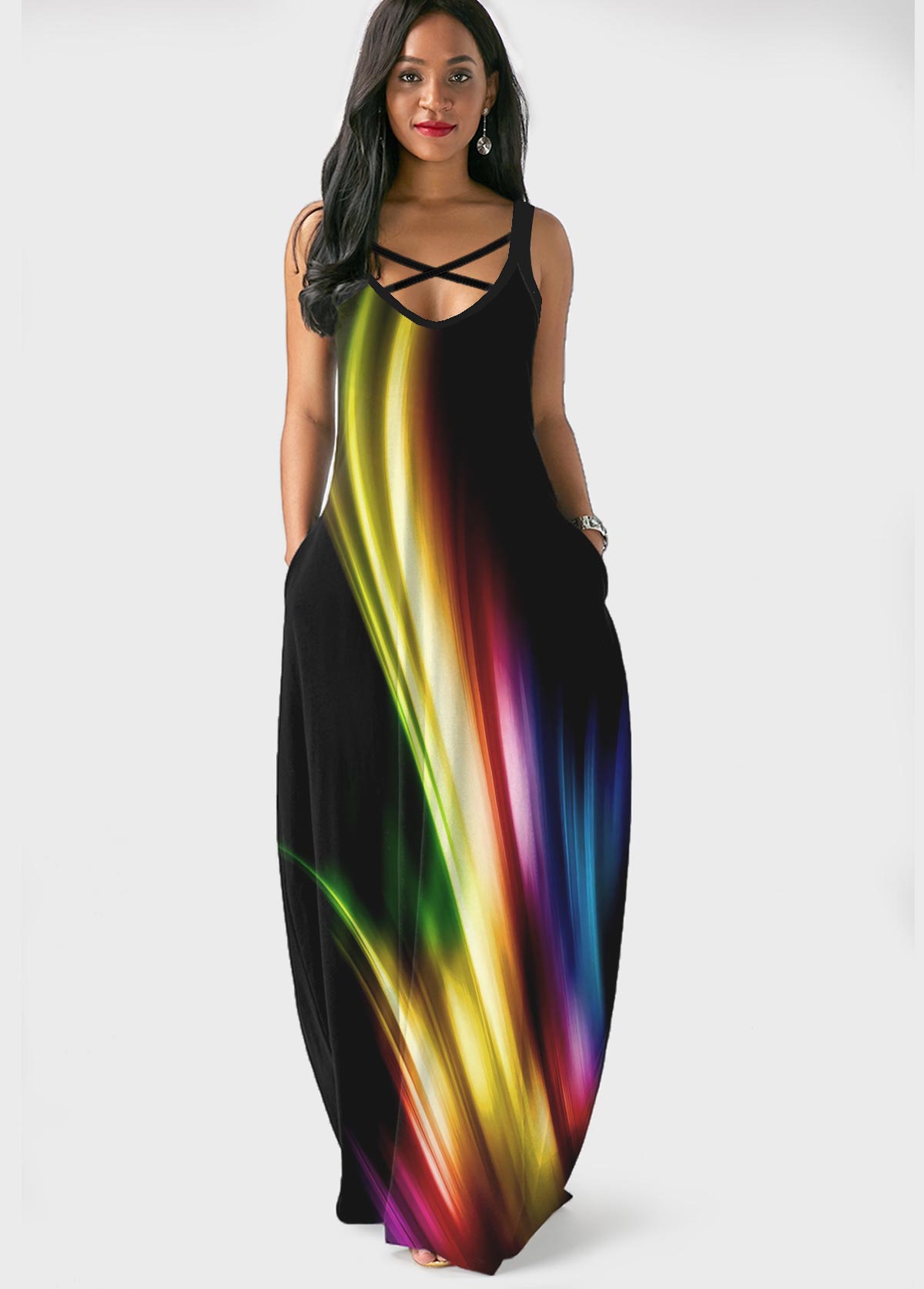 Black dresses,Floral dresses,ROTITA Printed Spaghetti Strap Side Pocket Maxi Dress