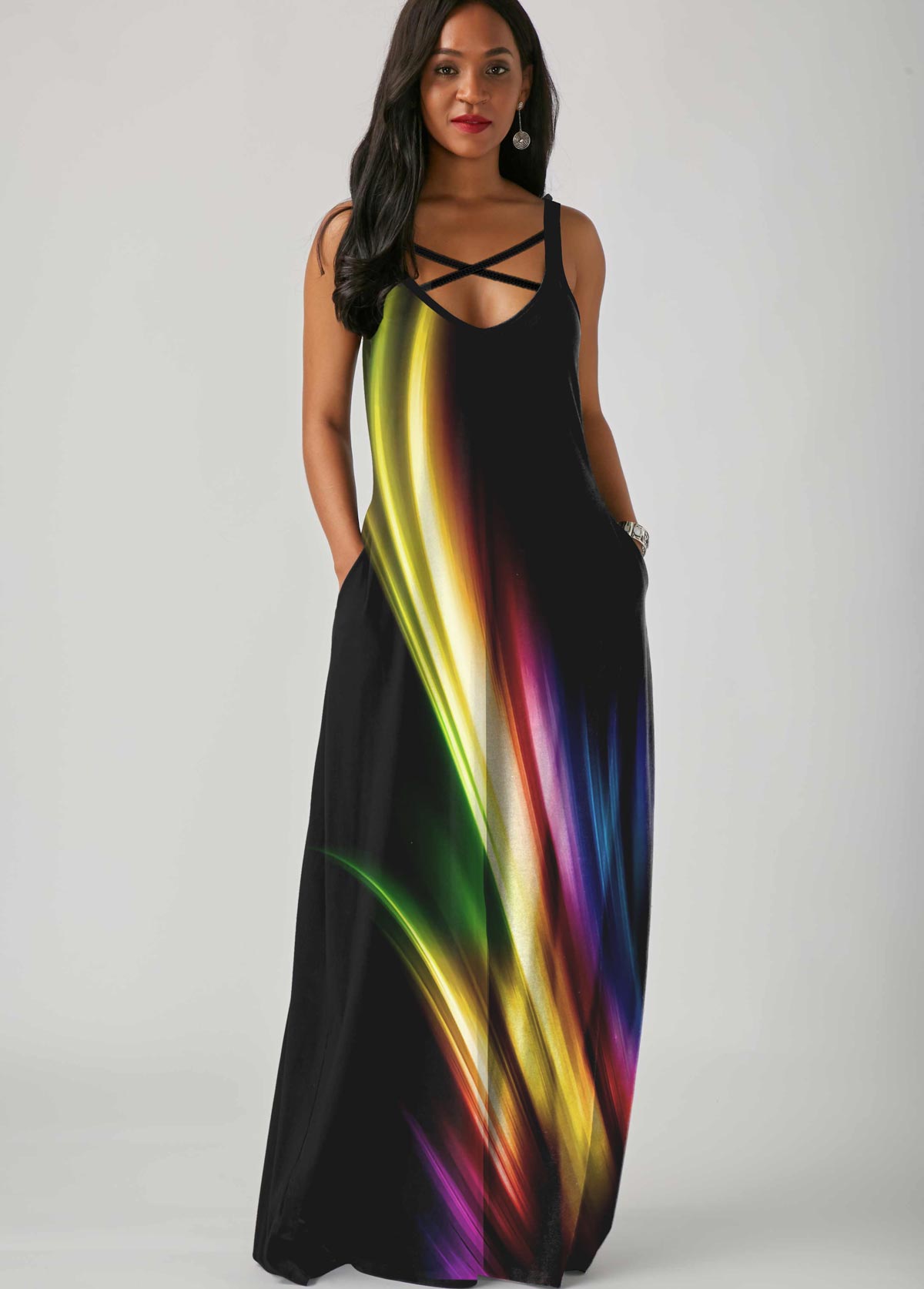 Black dresses,Floral dresses,ROTITA Printed Spaghetti Strap Side Pocket Maxi Dress