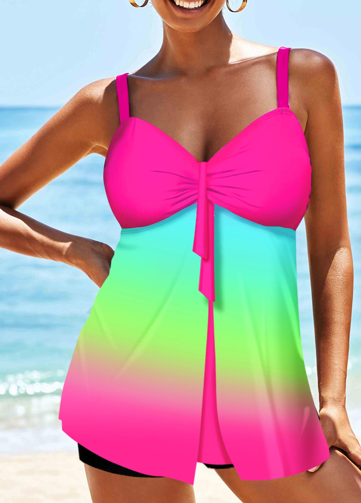 Hot Pink swimwear,Floral swimwear,ROTITA Spaghetti Strap Rainbow Color Printed Tankini Set