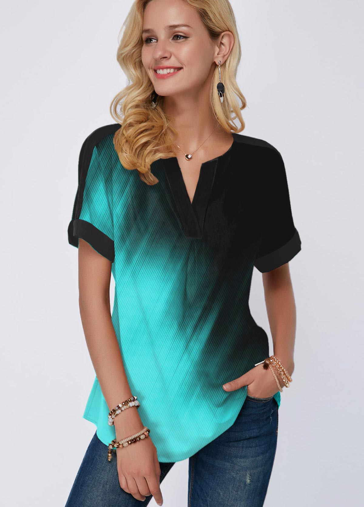 Mint Green tops,Floral tops,ROTITA Gradient Split Neck Short Sleeve Printed Mint Green Blouse