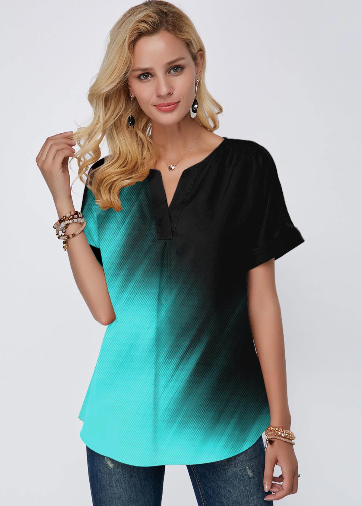 Mint Green tops,Floral tops,ROTITA Gradient Split Neck Short Sleeve Printed Mint Green Blouse