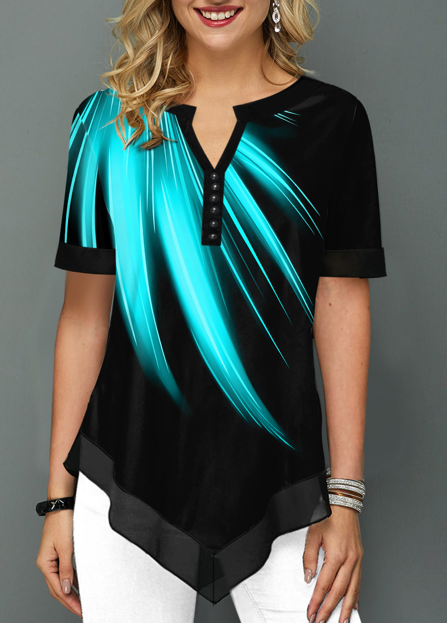 Black tops,Floral tops,ROTITA Asymmetric Hem Split Neck Printed Mint Green Blouse