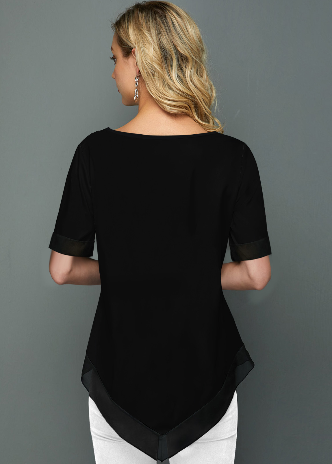 Black tops,Floral tops,ROTITA Asymmetric Hem Split Neck Printed Mint Green Blouse