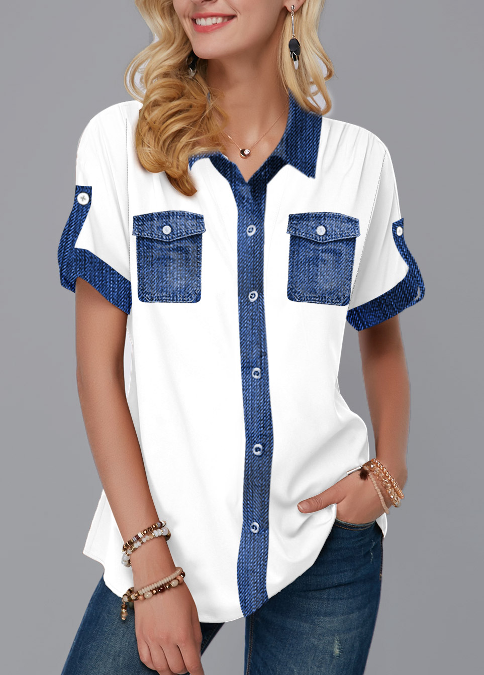 ROTITA Faux Denim Turndown Collar Button Up Blouse