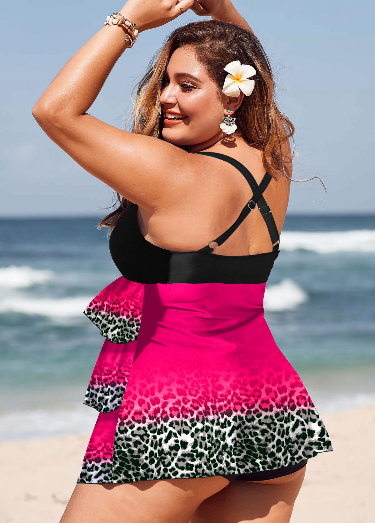 Hot Pink plus size,Leopard plus size,ROTITA Plus Size Layered Hem Leopard Print Swimdress Top