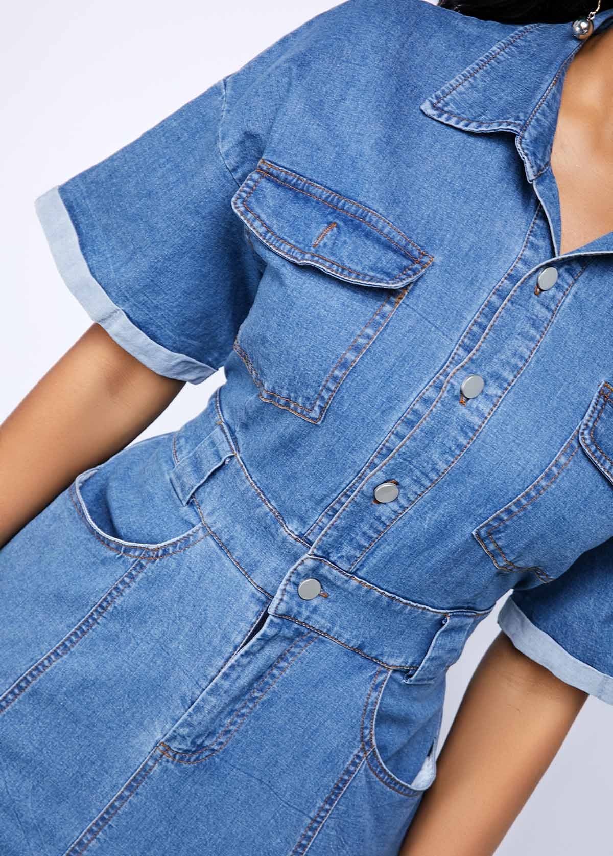 Denim Blue dresses,Plain Color dresses,ROTITA Button Up Cutout Back Pocket Denim Dress