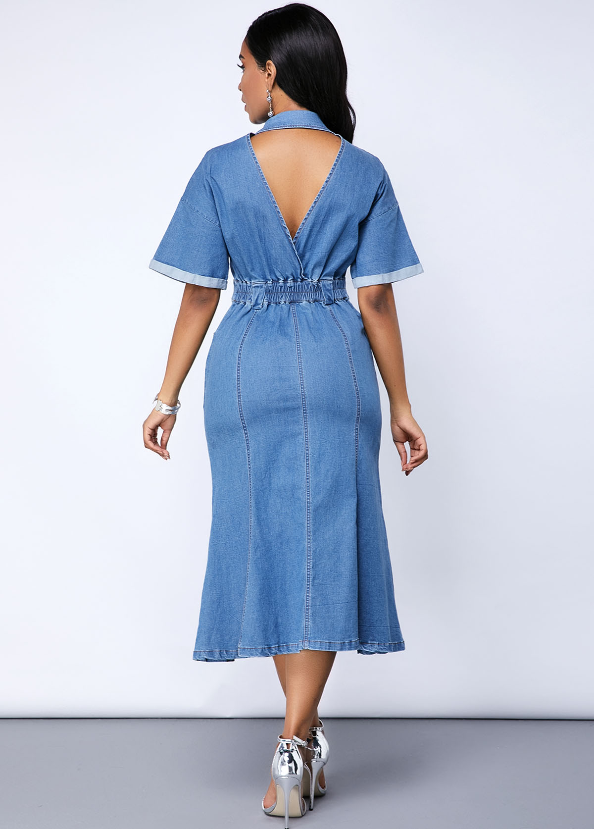Denim Blue dresses,Plain Color dresses,ROTITA Button Up Cutout Back Pocket Denim Dress