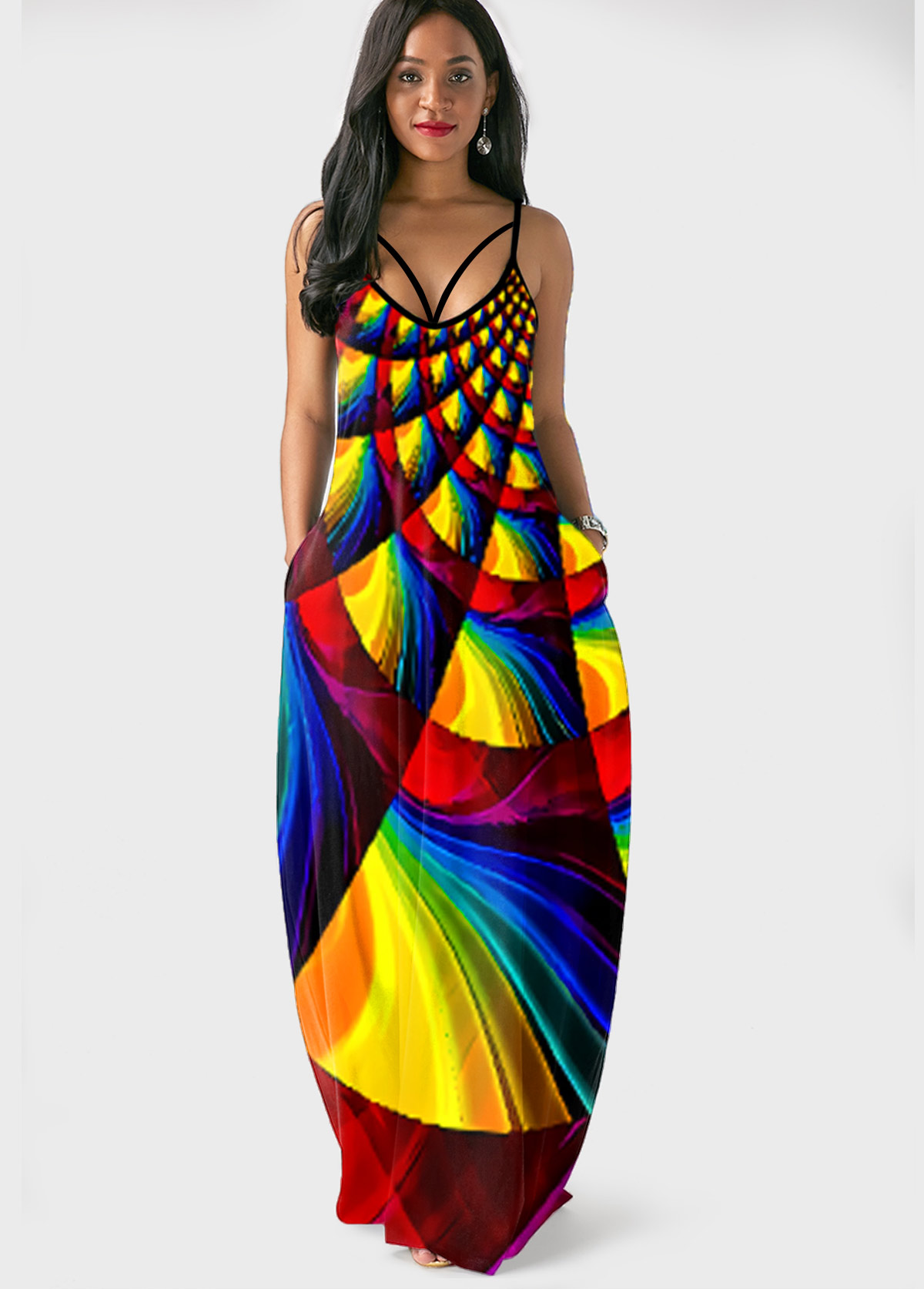 ROTITA Side Pocket Geometric Print Rainbow Color Maxi Dress