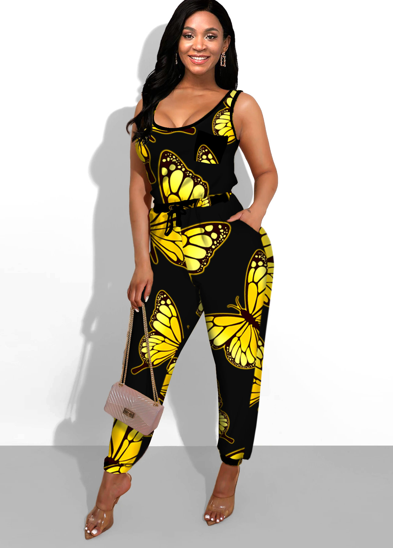 Black jumpsuits & rompers,Animal Print jumpsuits & rompers,ROTITA Butterfly Print Black Side Pocket Jumpsuit