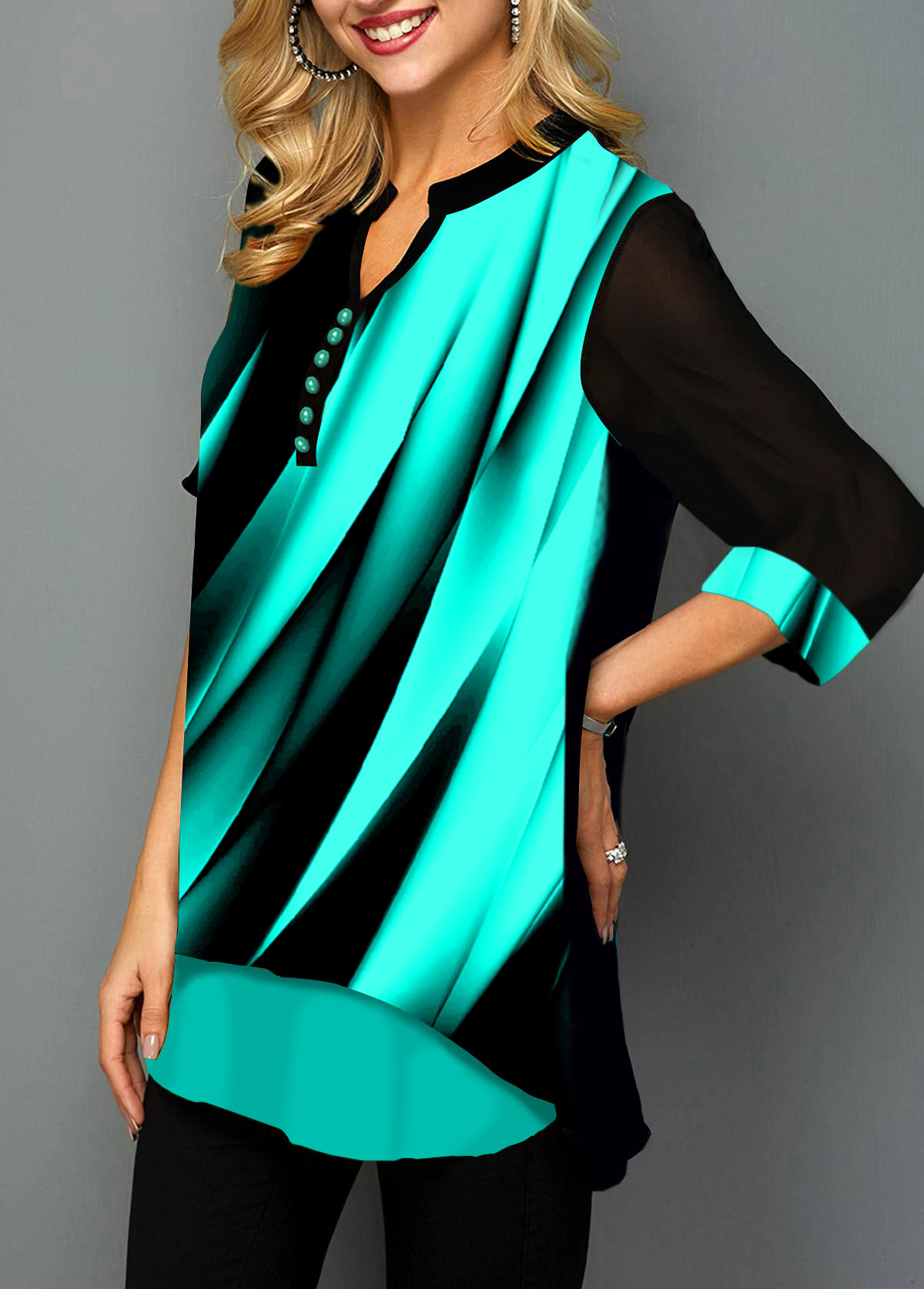 Cyan tops,Floral tops,ROTITA Printed Three Quarter Sleeve Spaghetti Strap Blouse