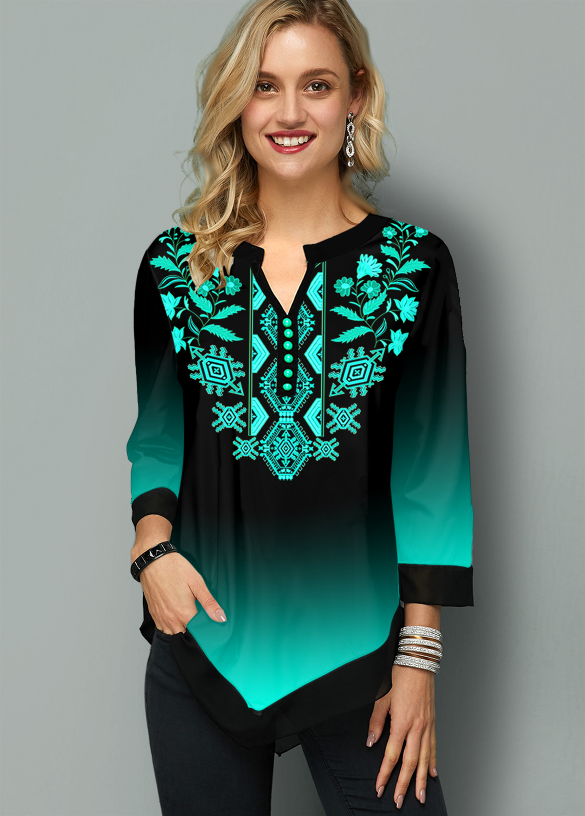 Cyan tops,Floral tops,ROTITA Tribal Print Asymmetric Hem Gradient Blouse