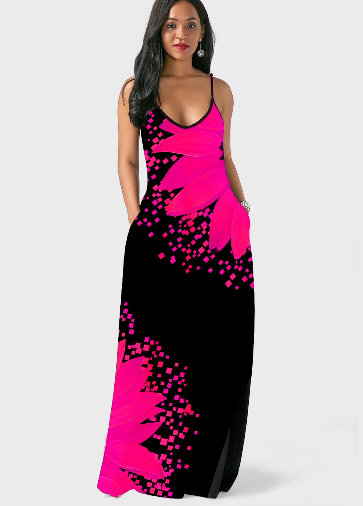 Hot Pink dresses,Floral dresses,ROTITA Spaghetti Strap Sunflower Print Side Pocket Dress