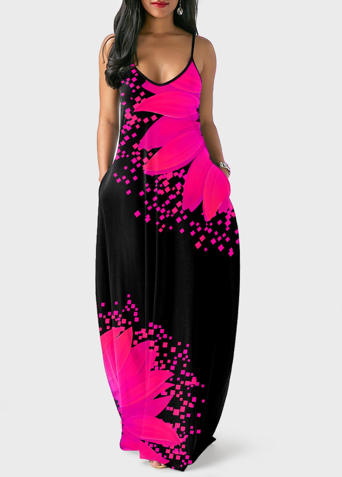 Hot Pink dresses,Floral dresses,ROTITA Spaghetti Strap Sunflower Print Side Pocket Dress