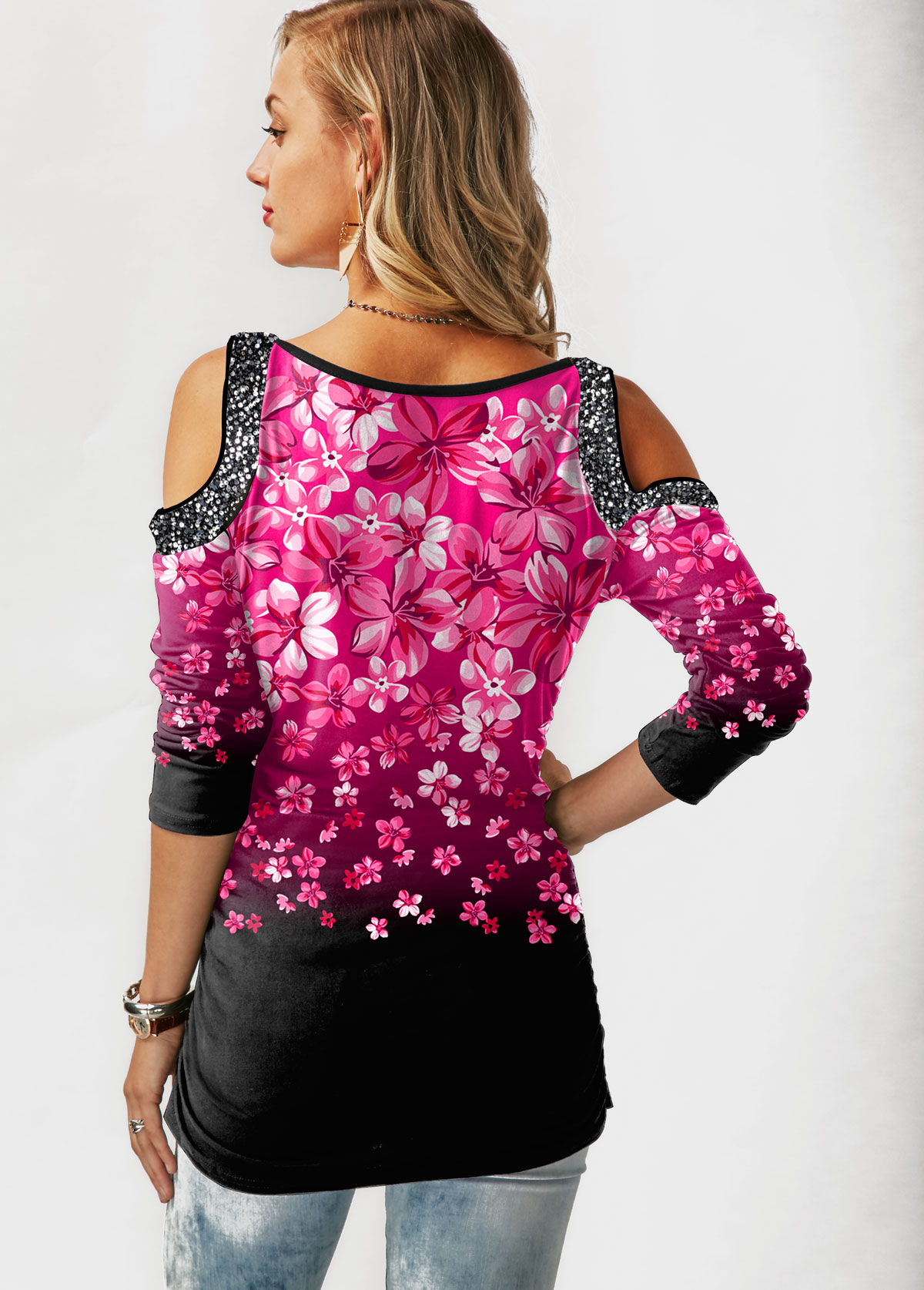 Hot Pink tops,Floral tops,ROTITA Gradient Cold Shoulder Floral Print T Shirt