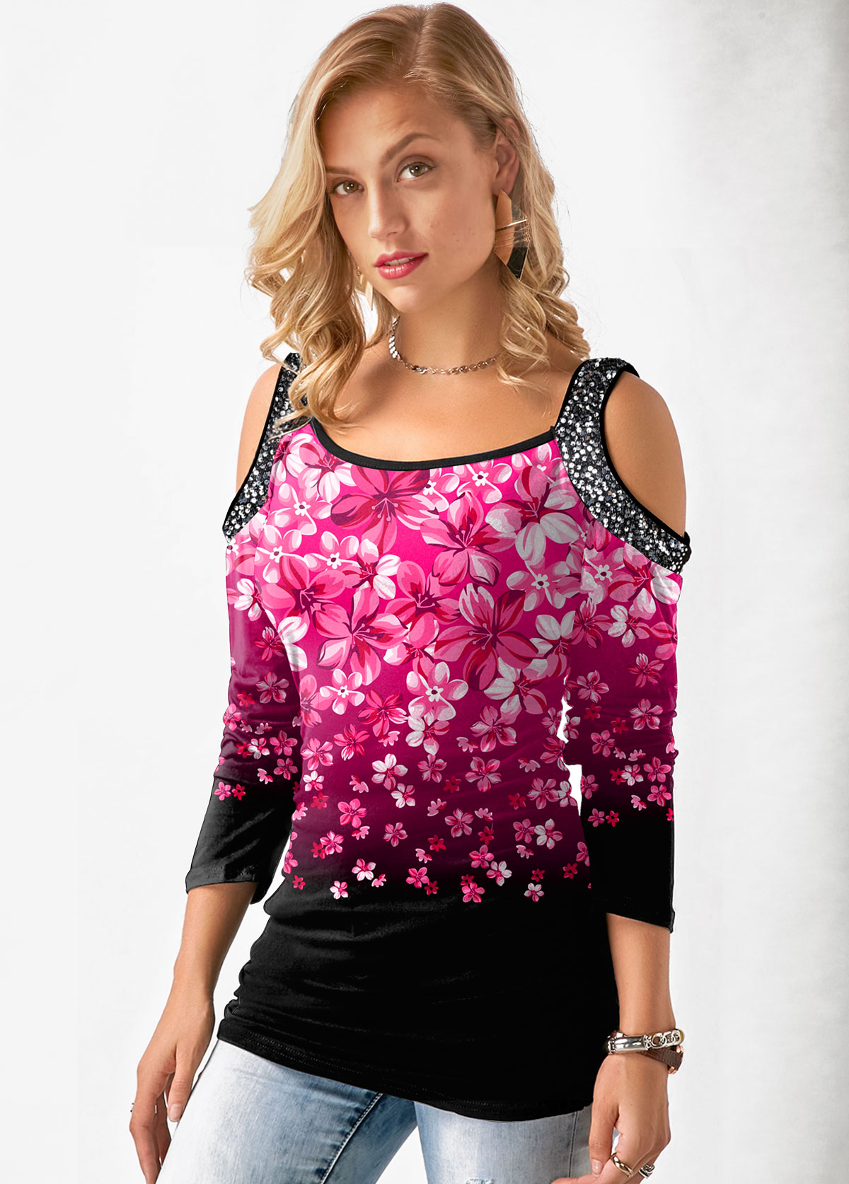 Hot Pink tops,Floral tops,ROTITA Gradient Cold Shoulder Floral Print T Shirt