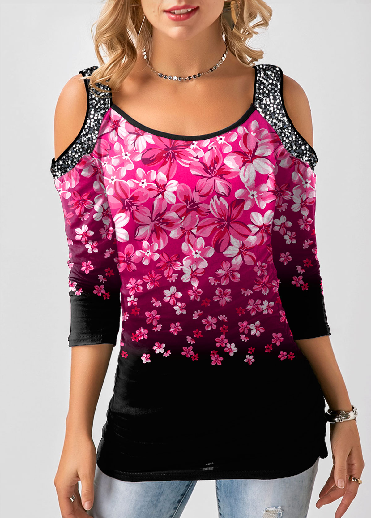 Hot Pink tops,Floral tops,ROTITA Gradient Cold Shoulder Floral Print T Shirt