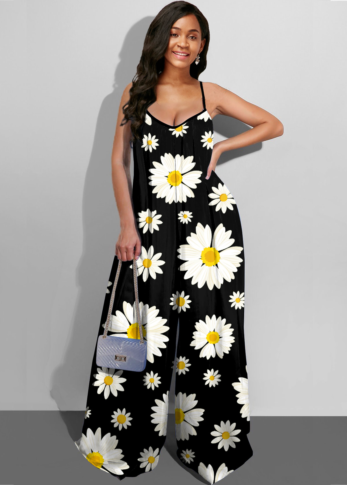 Black jumpsuits & rompers,Floral jumpsuits & rompers,ROTITA Spaghetti Strap Daisy Print Wide Leg Jumpsuit