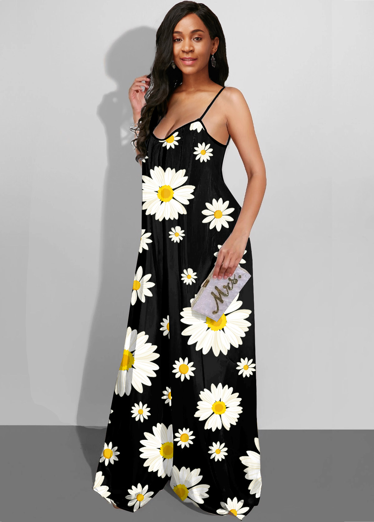Black jumpsuits & rompers,Floral jumpsuits & rompers,ROTITA Spaghetti Strap Daisy Print Wide Leg Jumpsuit