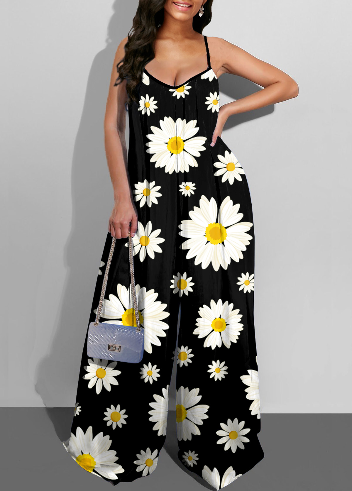 Black jumpsuits & rompers,Floral jumpsuits & rompers,ROTITA Spaghetti Strap Daisy Print Wide Leg Jumpsuit