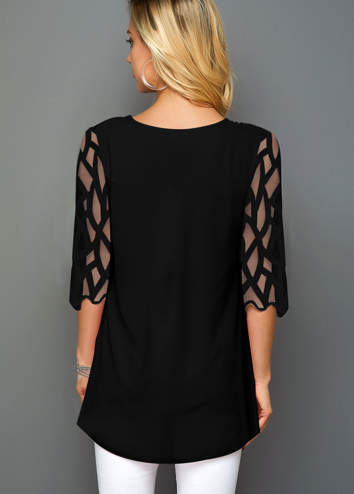 Black tops,Floral tops,ROTITA Floral Print Round Neck Mesh Panel T Shirt