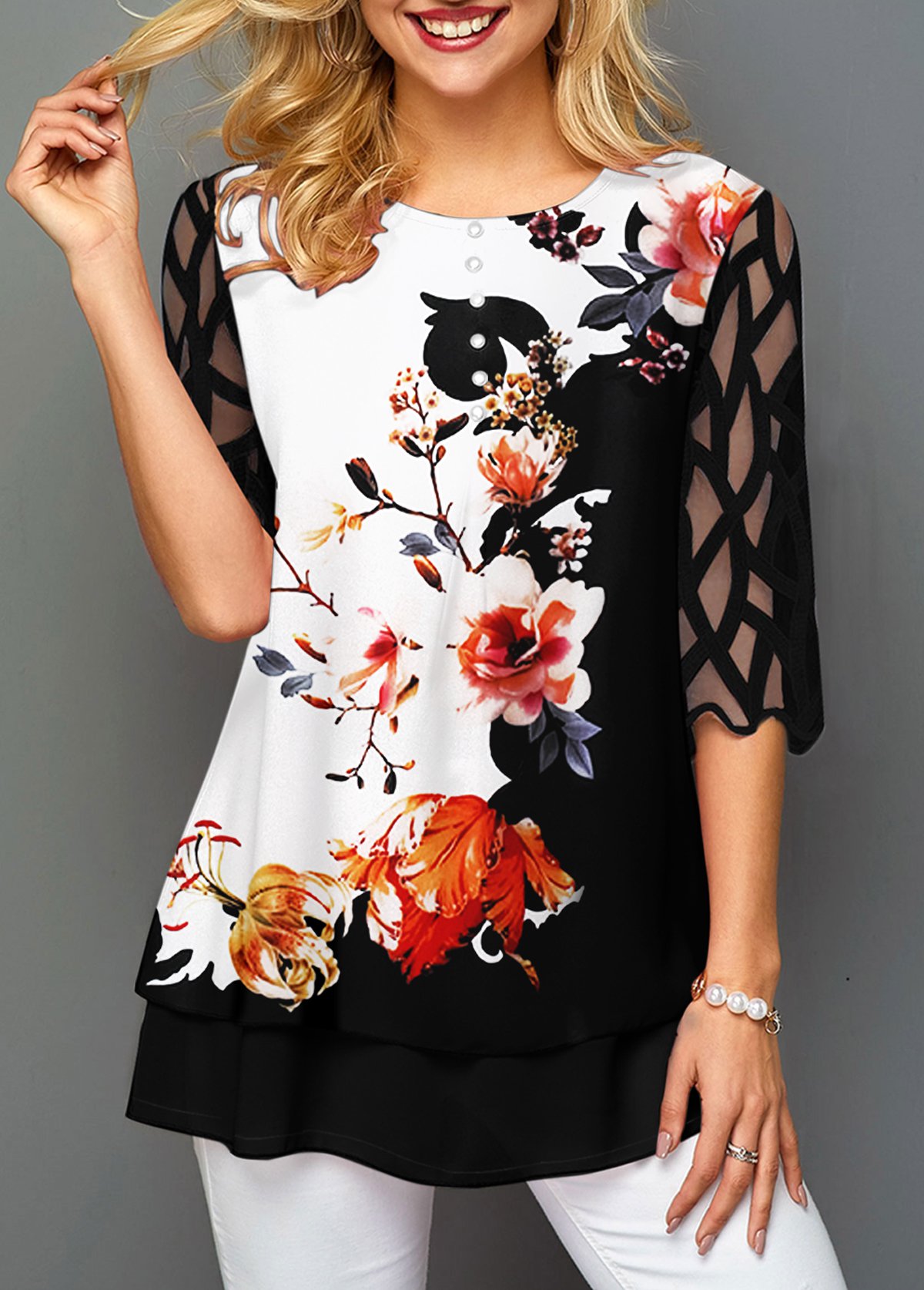Black tops,Floral tops,ROTITA Floral Print Round Neck Mesh Panel T Shirt