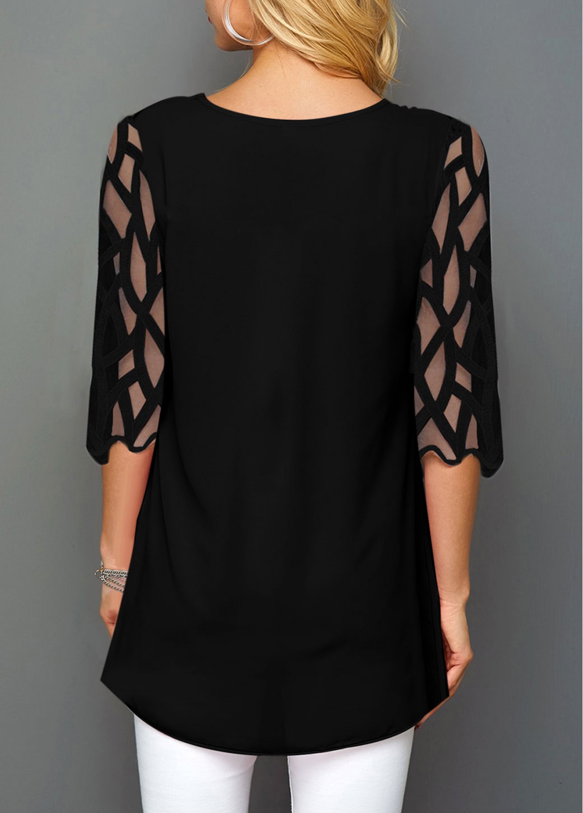 Black tops,Floral tops,ROTITA Floral Print Round Neck Mesh Panel T Shirt