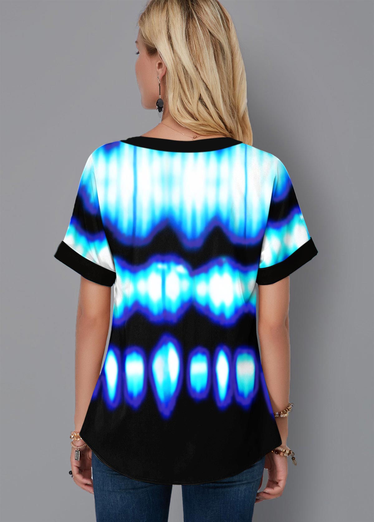 Blue tops,Floral tops,ROTITA Tie Dye Short Sleeve Lace Up Blouse