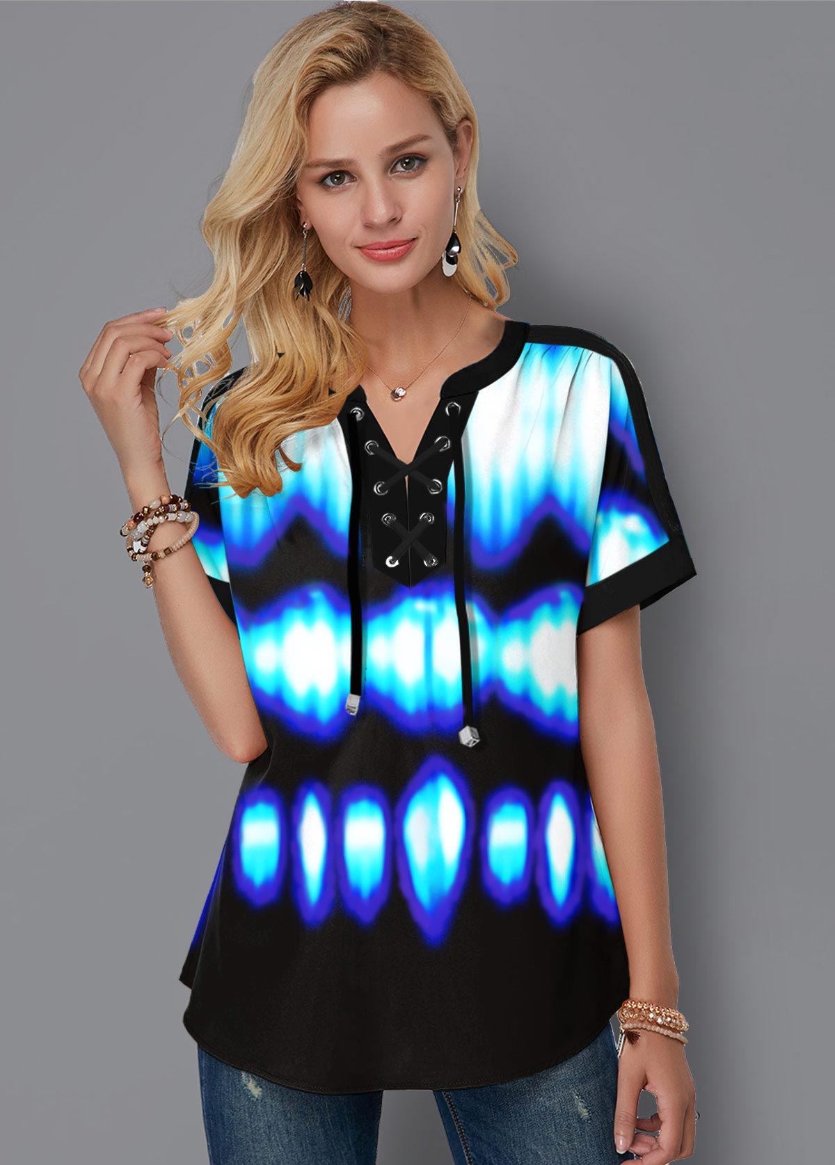 Blue tops,Floral tops,ROTITA Tie Dye Short Sleeve Lace Up Blouse