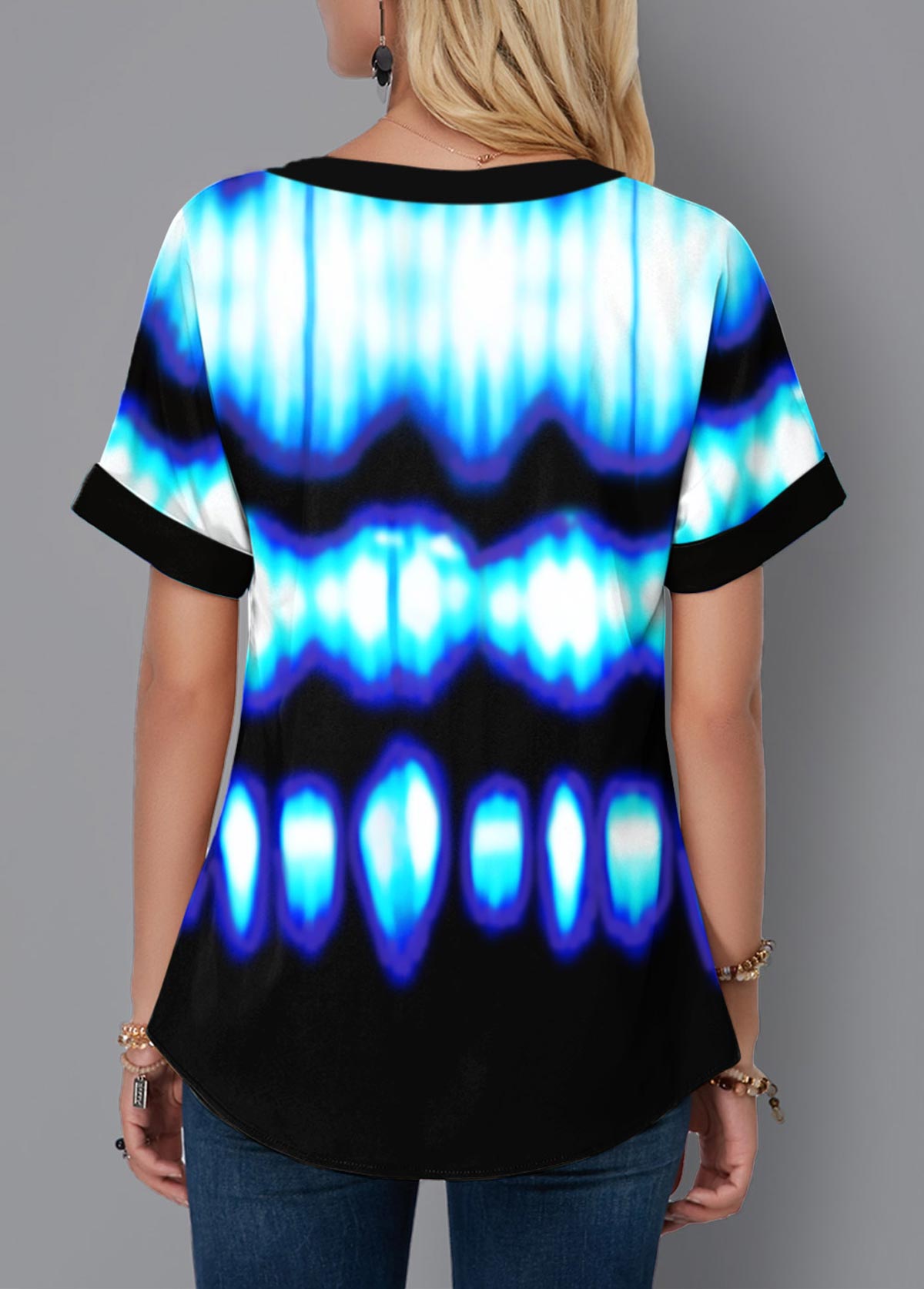 Blue tops,Floral tops,ROTITA Tie Dye Short Sleeve Lace Up Blouse