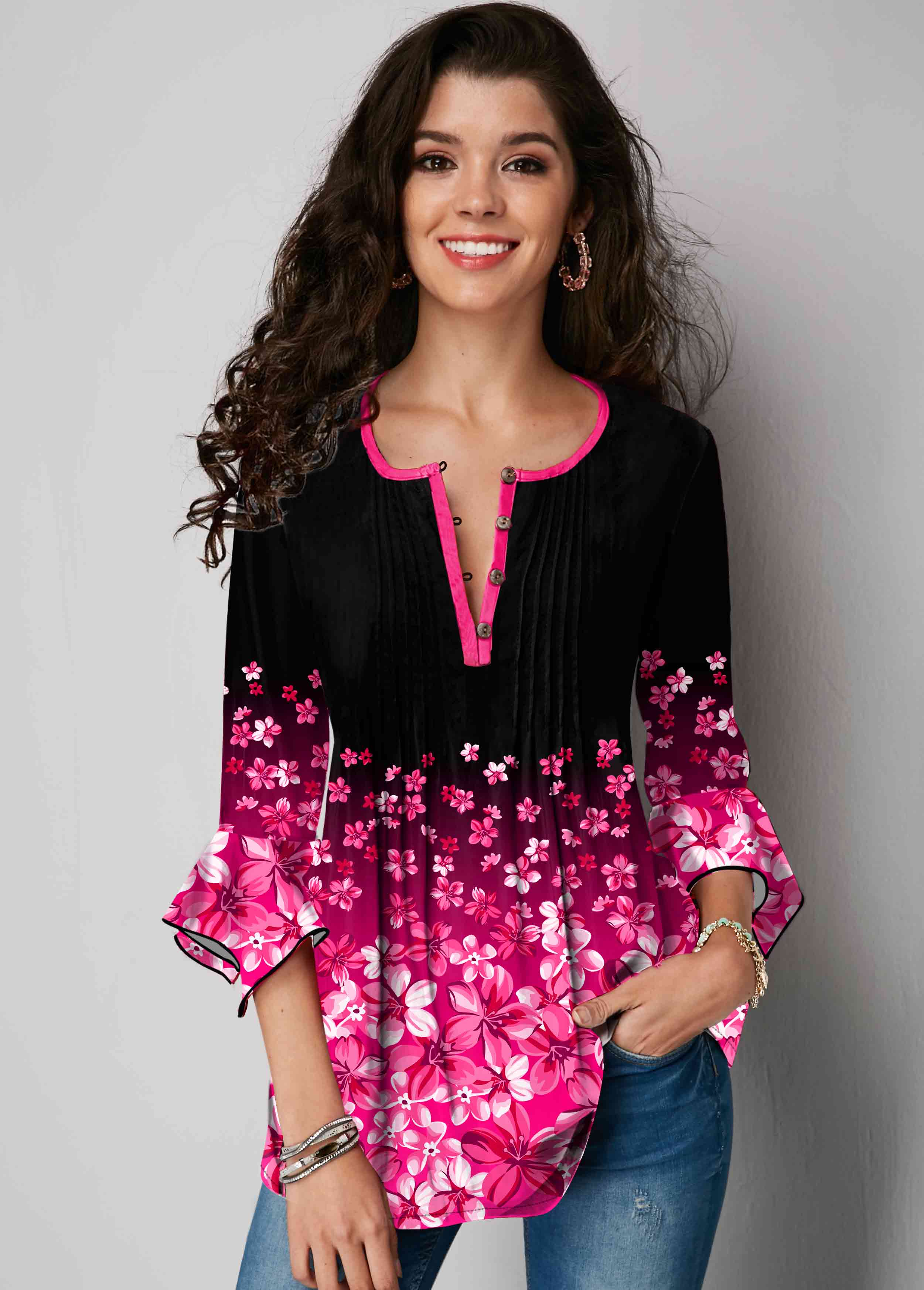 Rotita-Hanky-Manschette-Bluse mit Blumendruck und Farbverlauf