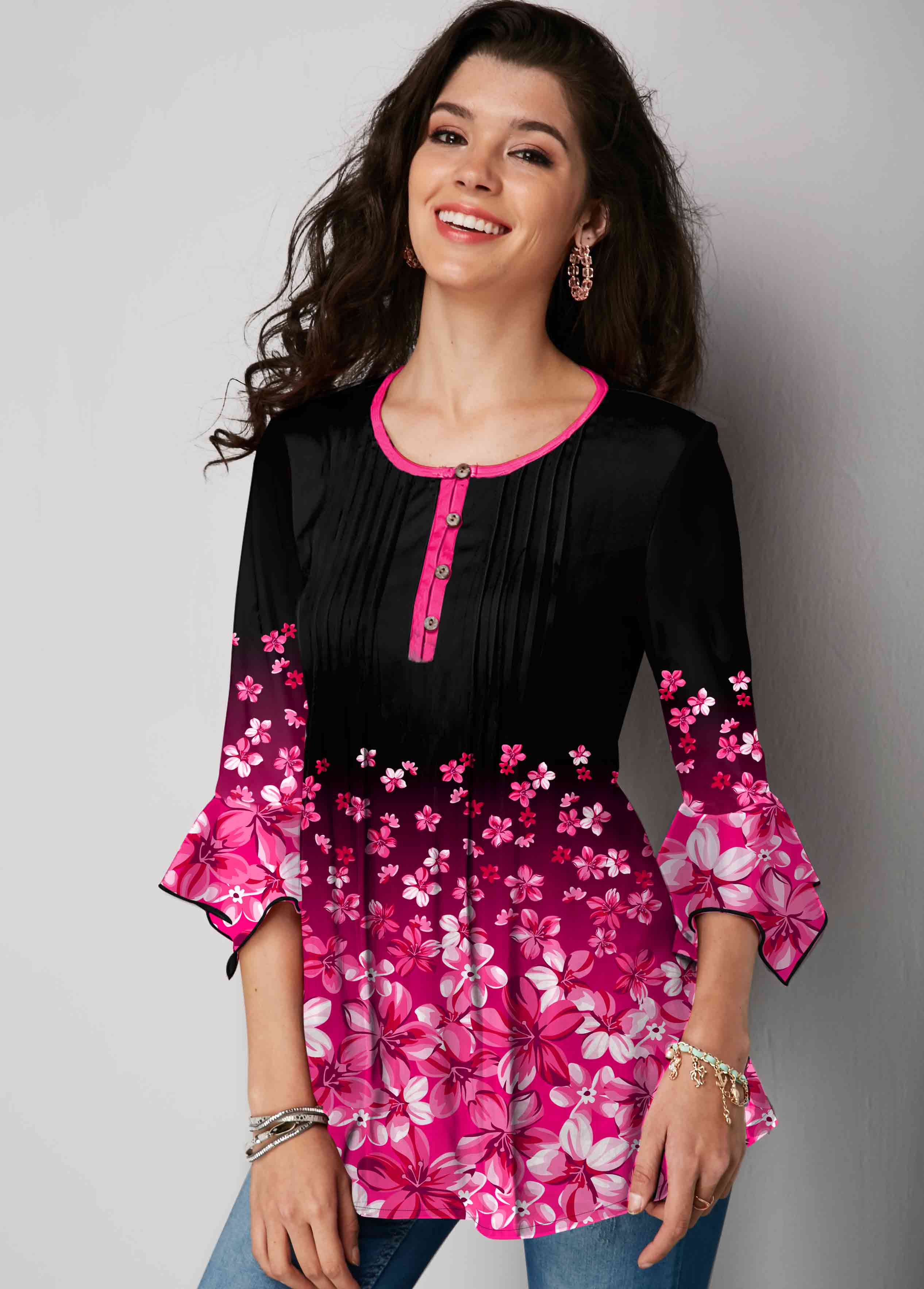 Hot Pink tops,Floral tops,ROTITA Hanky Cuff Floral Print Gradient Blouse