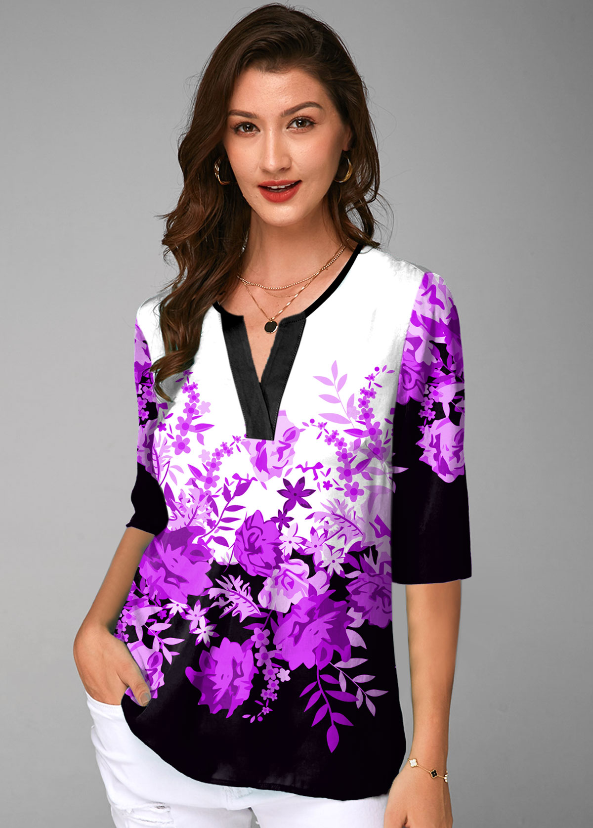 Purple tops,Floral tops,ROTITA Split Neck Floral Print Half Sleeve Blouse