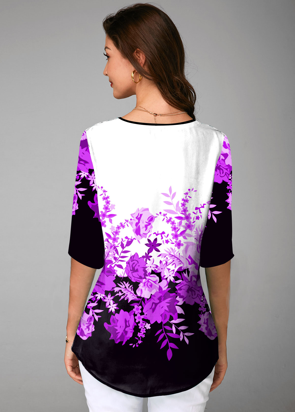 Purple tops,Floral tops,ROTITA Split Neck Floral Print Half Sleeve Blouse