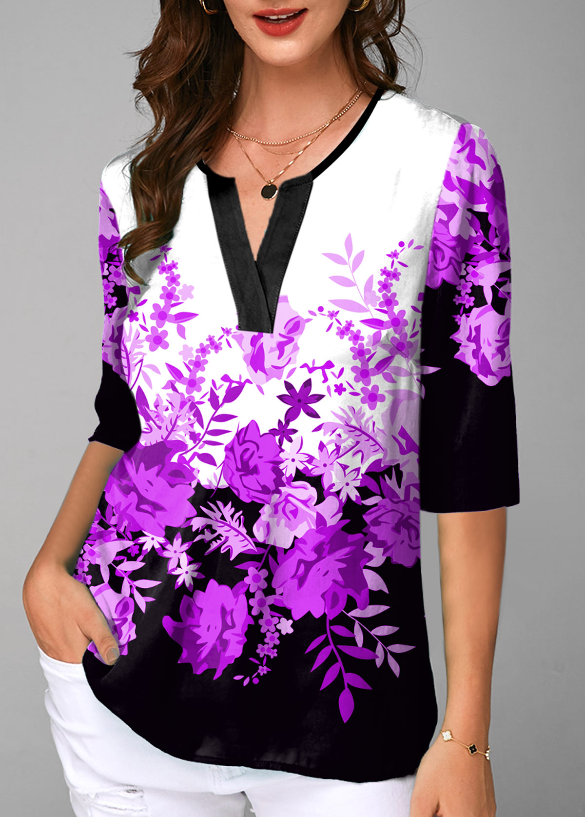 Purple tops,Floral tops,ROTITA Split Neck Floral Print Half Sleeve Blouse