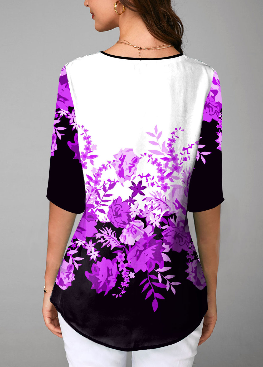 Purple tops,Floral tops,ROTITA Split Neck Floral Print Half Sleeve Blouse