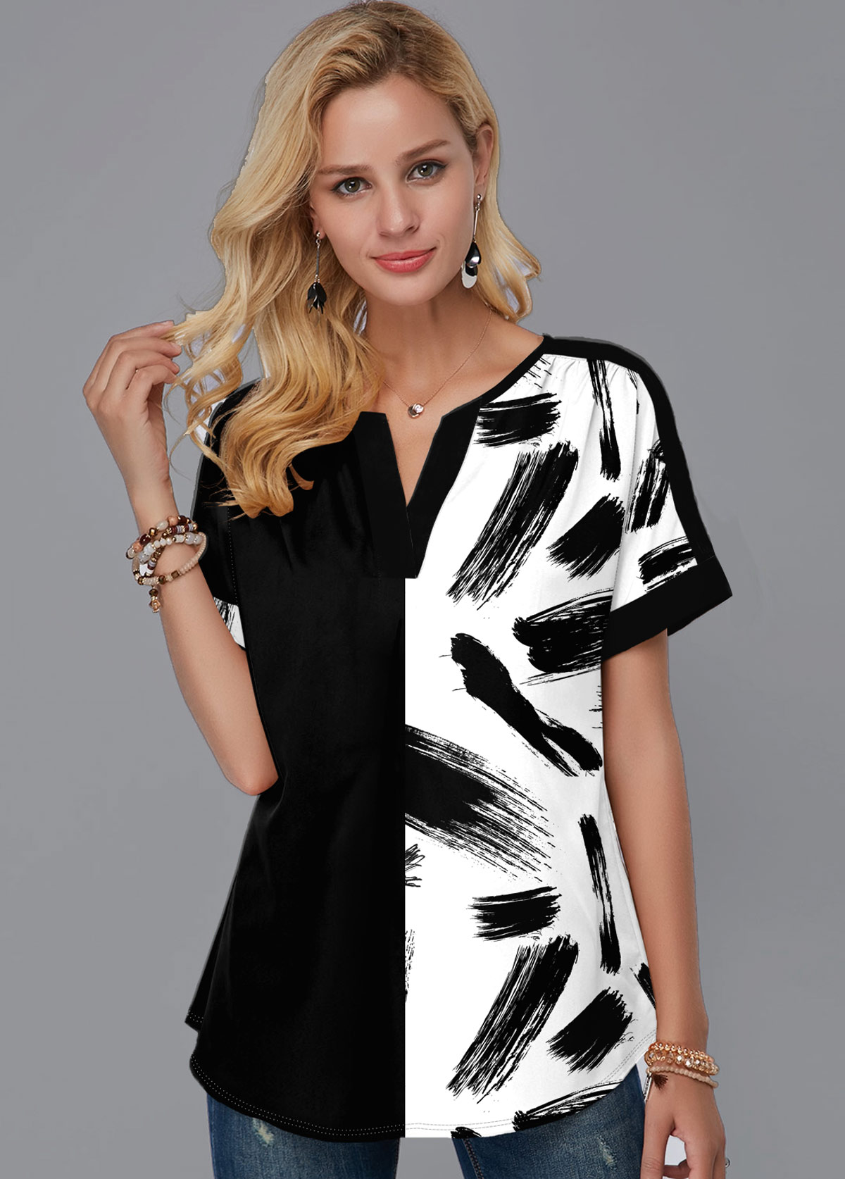 Black tops,Floral tops,ROTITA Printed Short Sleeve Split Neck Blouse