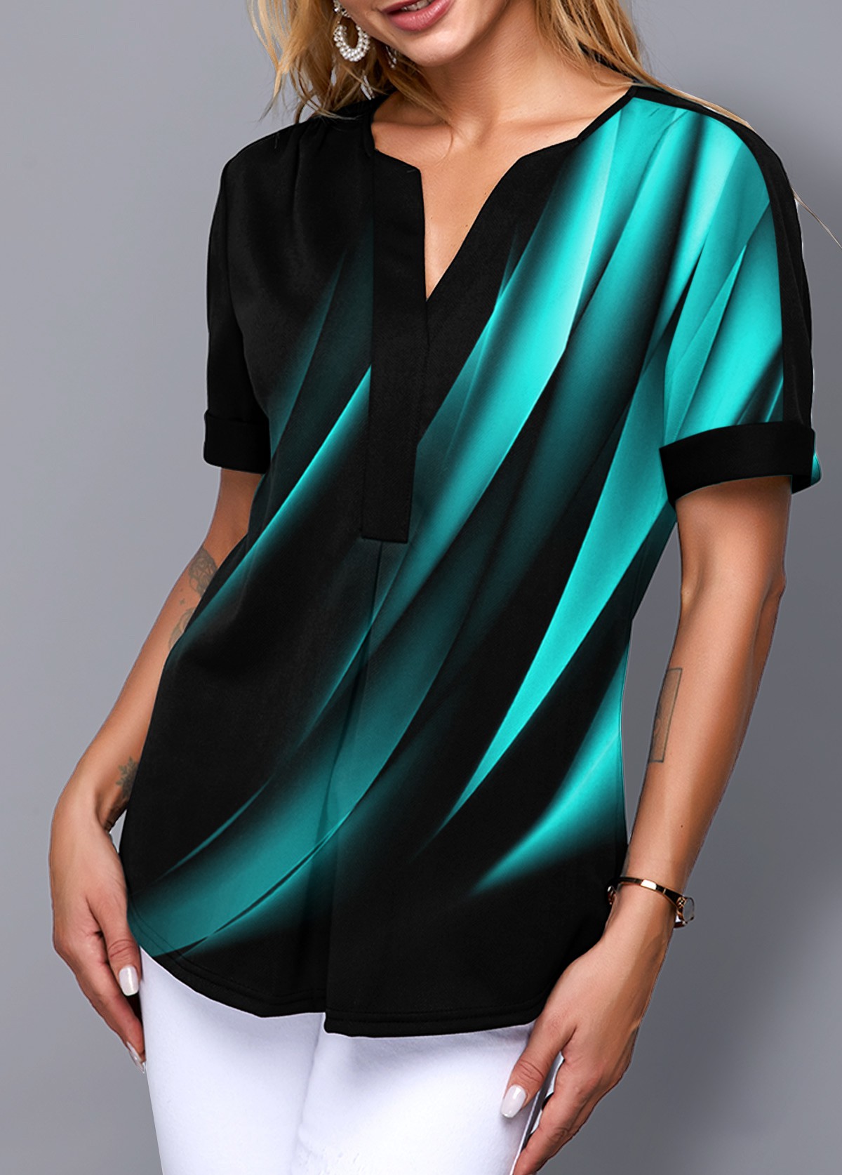 Cyan tops,Floral tops,ROTITA Printed Split Neck Short Sleeve Gradient Blouse