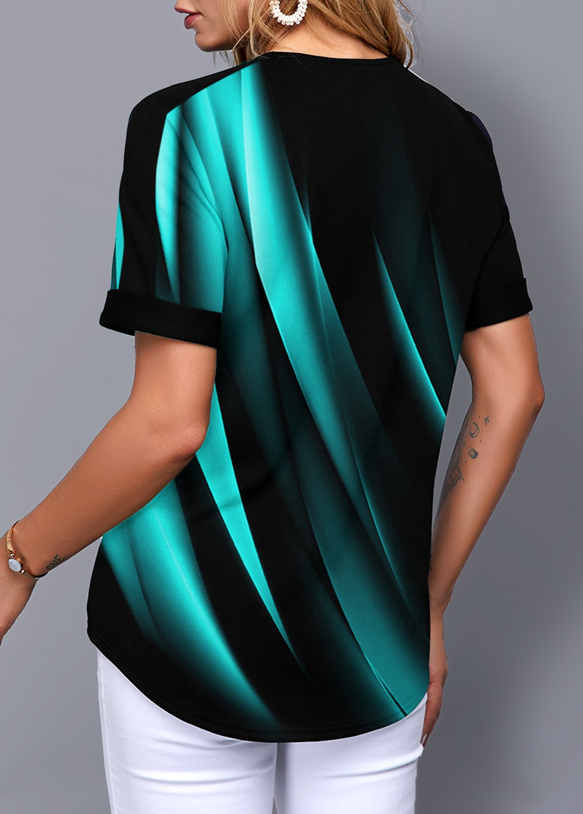 Cyan tops,Floral tops,ROTITA Printed Split Neck Short Sleeve Gradient Blouse