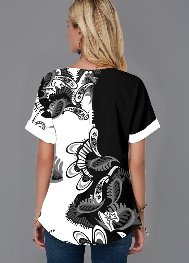 Black tops,Paisley tops,ROTITA Paisley Print Short Sleeve Split Neck Blouse