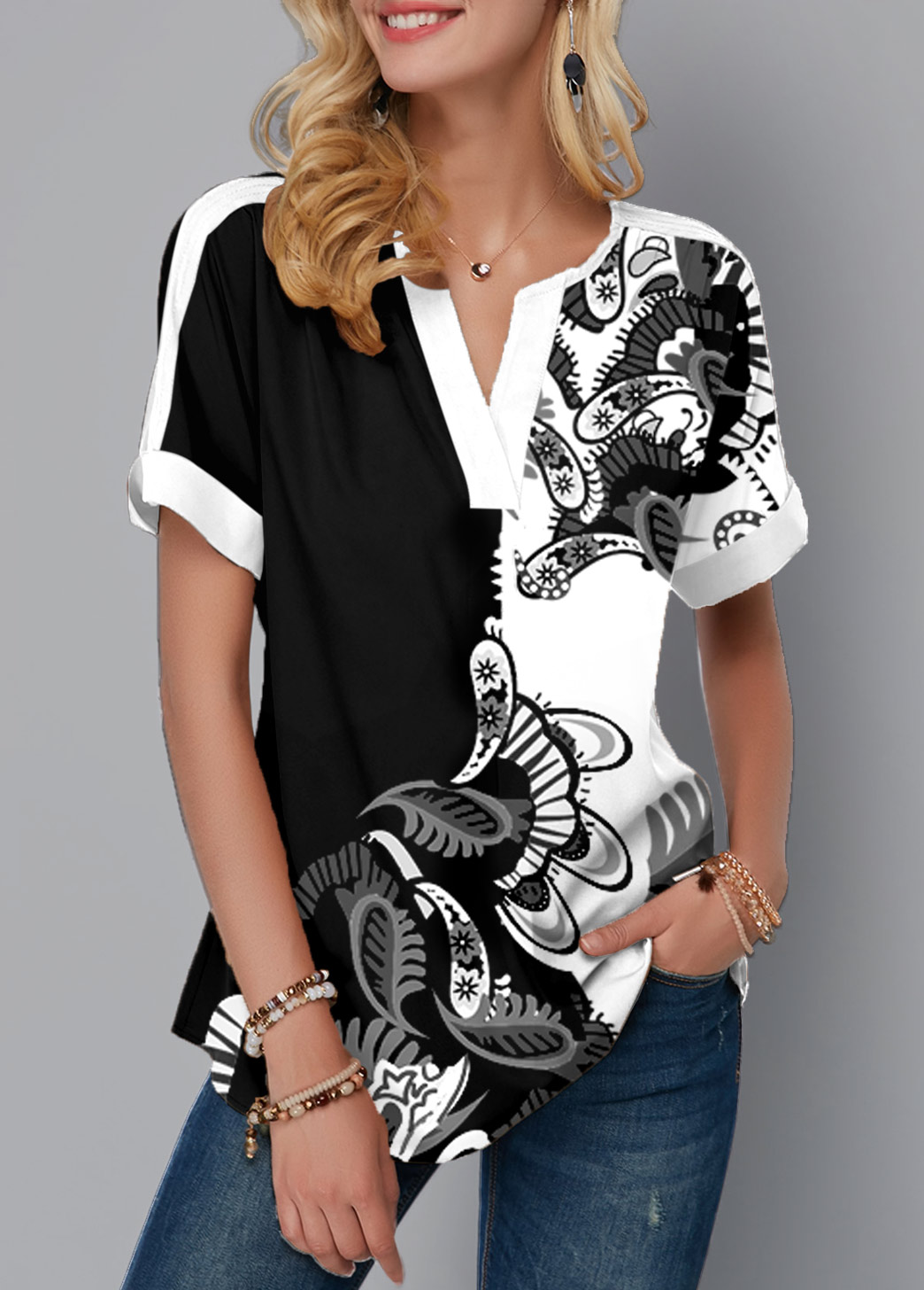Black tops,Paisley tops,ROTITA Paisley Print Short Sleeve Split Neck Blouse