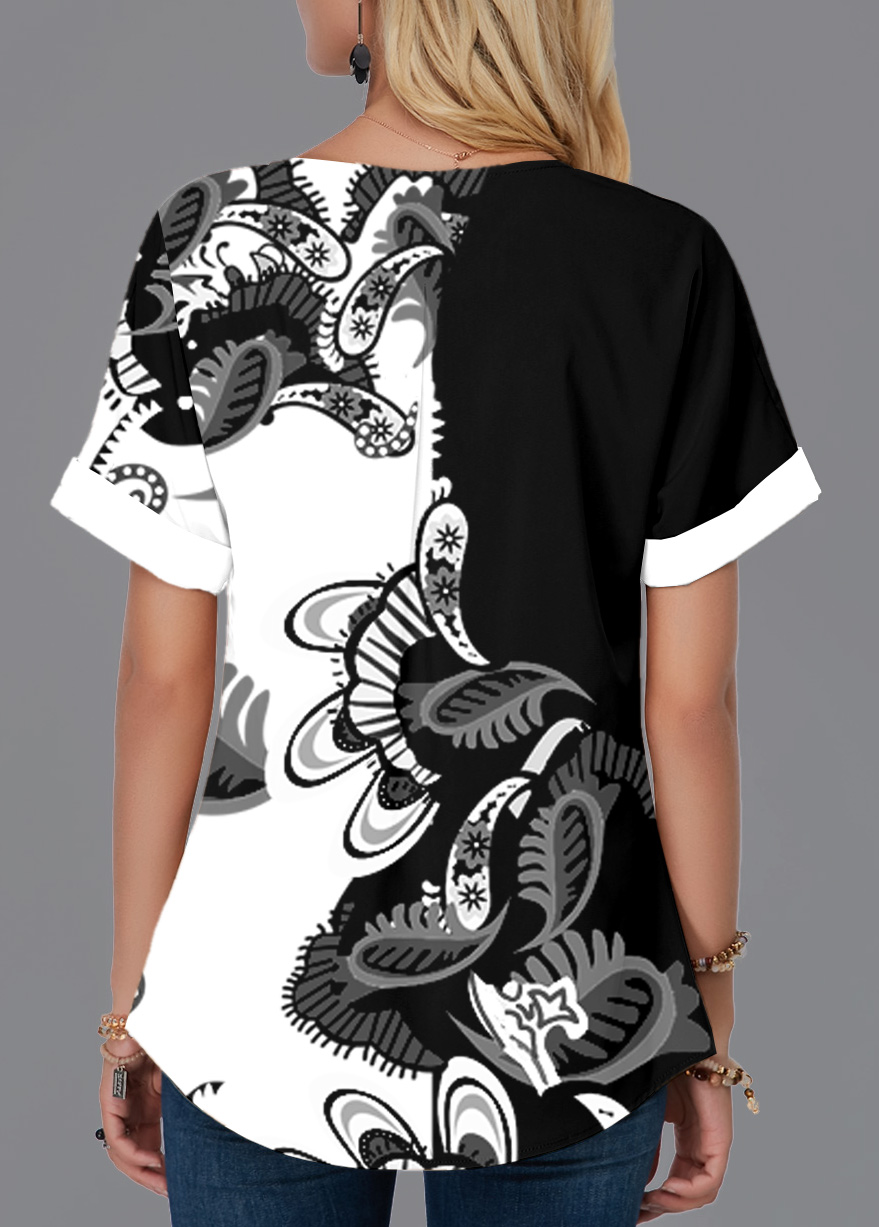 Black tops,Paisley tops,ROTITA Paisley Print Short Sleeve Split Neck Blouse