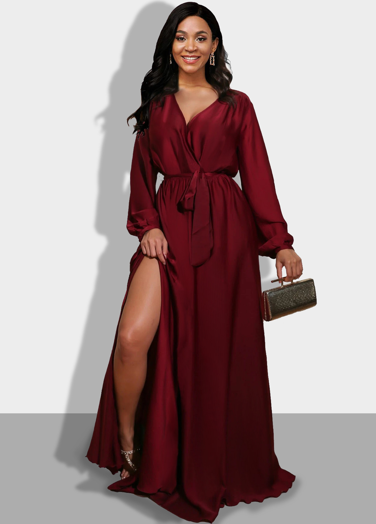 ROTITA Side Slit Wine Red Long Sleeve Maxi Dress | Rotita.com - USD $36.99