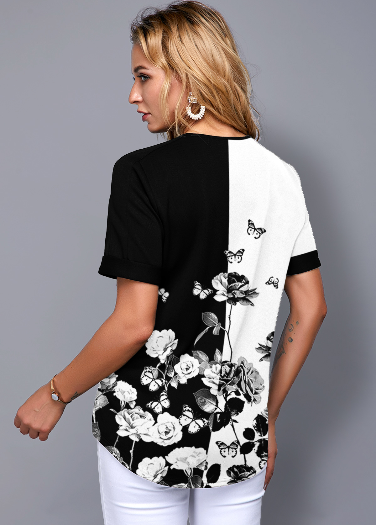 Multi Color tops,Floral tops,ROTITA Split Neck Floral Print Short Sleeve Blouse