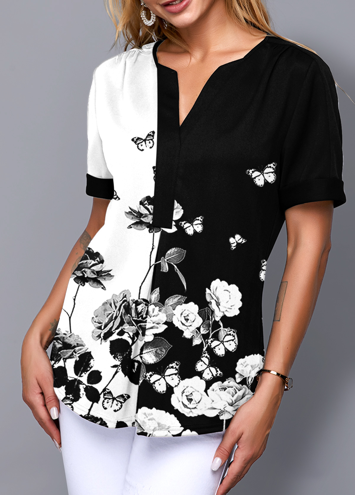 Multi Color tops,Floral tops,ROTITA Split Neck Floral Print Short Sleeve Blouse