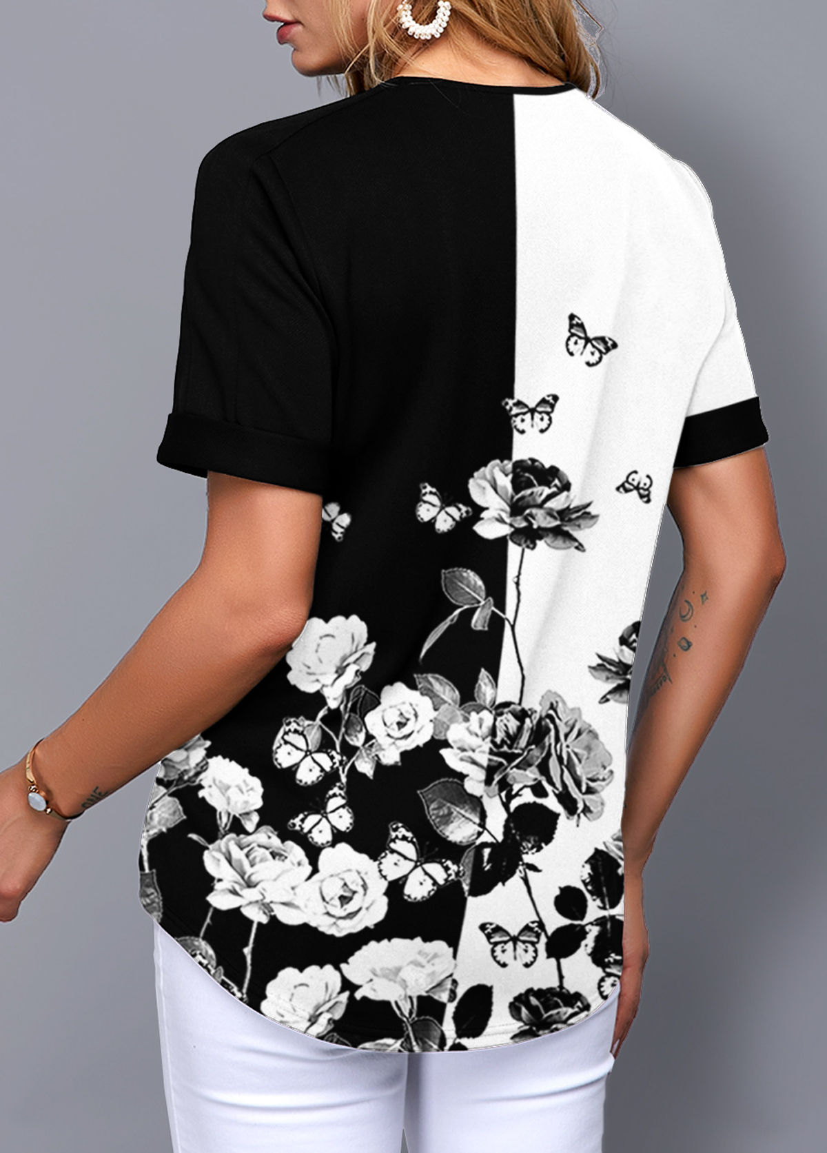 Multi Color tops,Floral tops,ROTITA Split Neck Floral Print Short Sleeve Blouse