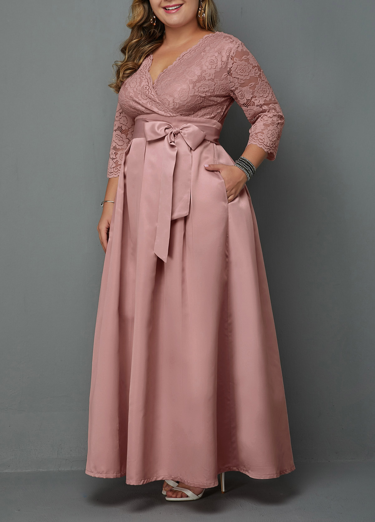 belted high waist lace panel maxi dress