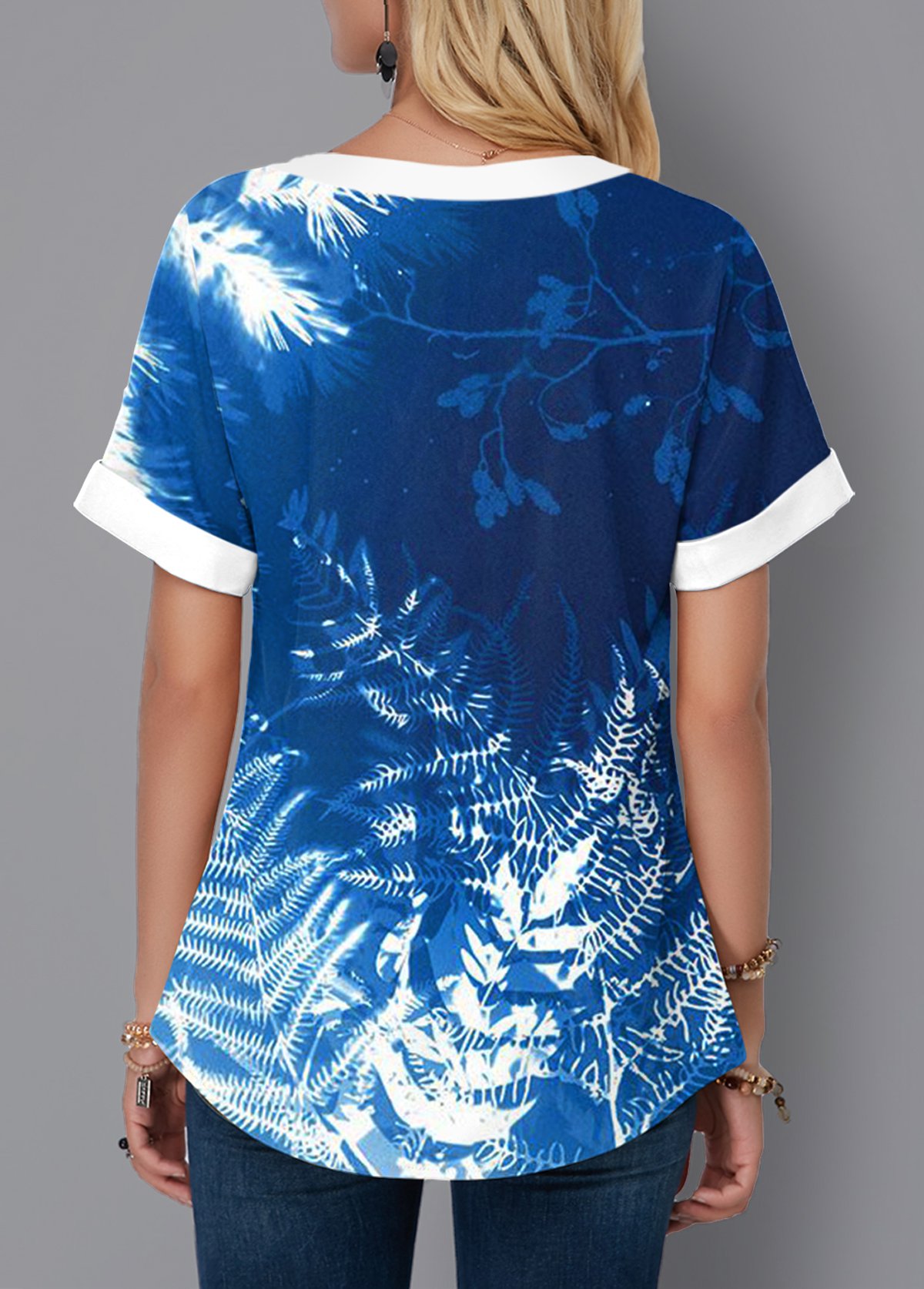 Blue tops,Plants tops,ROTITA Tropical Print Tie Dye Lace Up Blouse